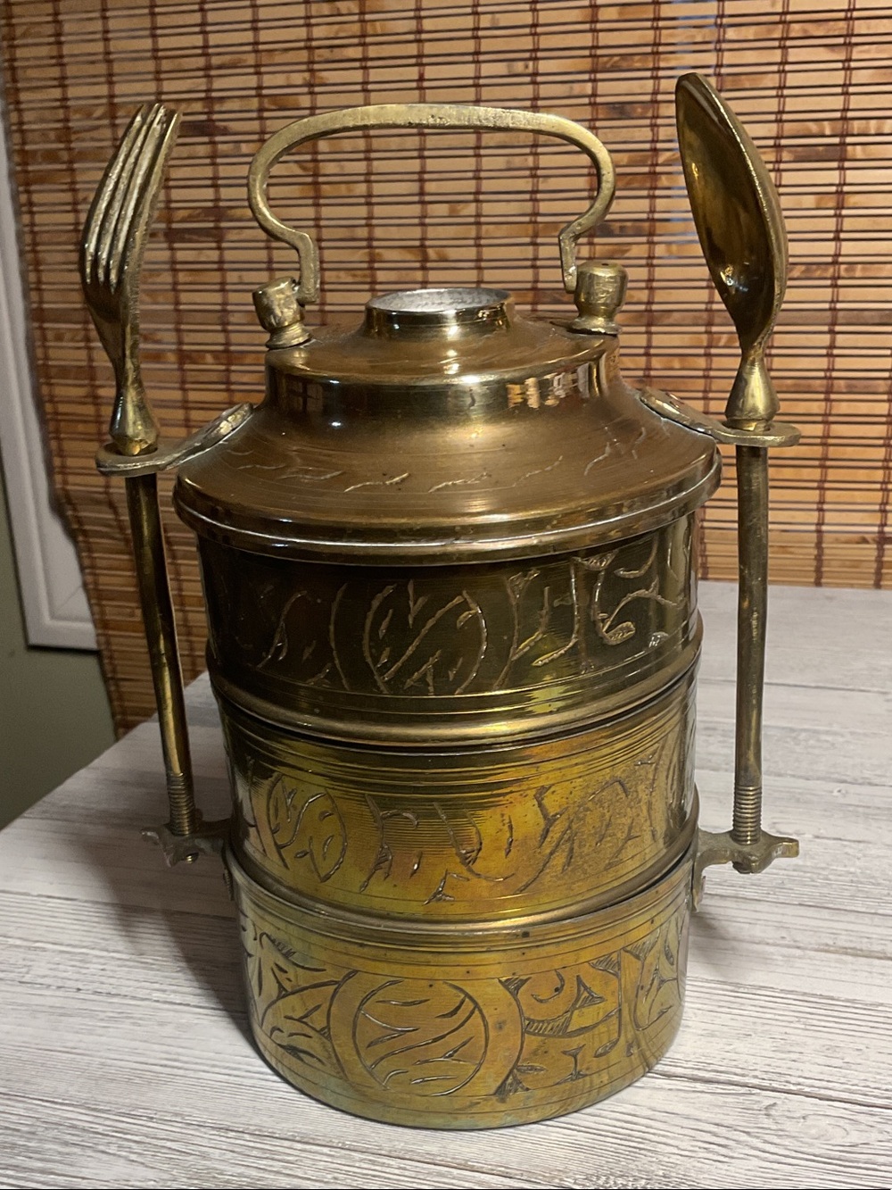 Vintage Brass Tiffin Stacking Lunchbox With Fork And Spoon Screw in Handle
